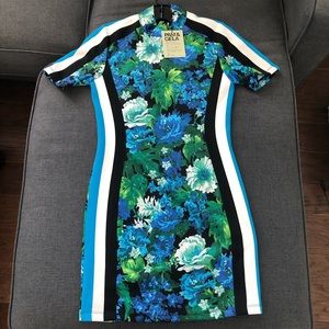 PAM&GELA Floral Track Stripe Mock Neck Mini Dress